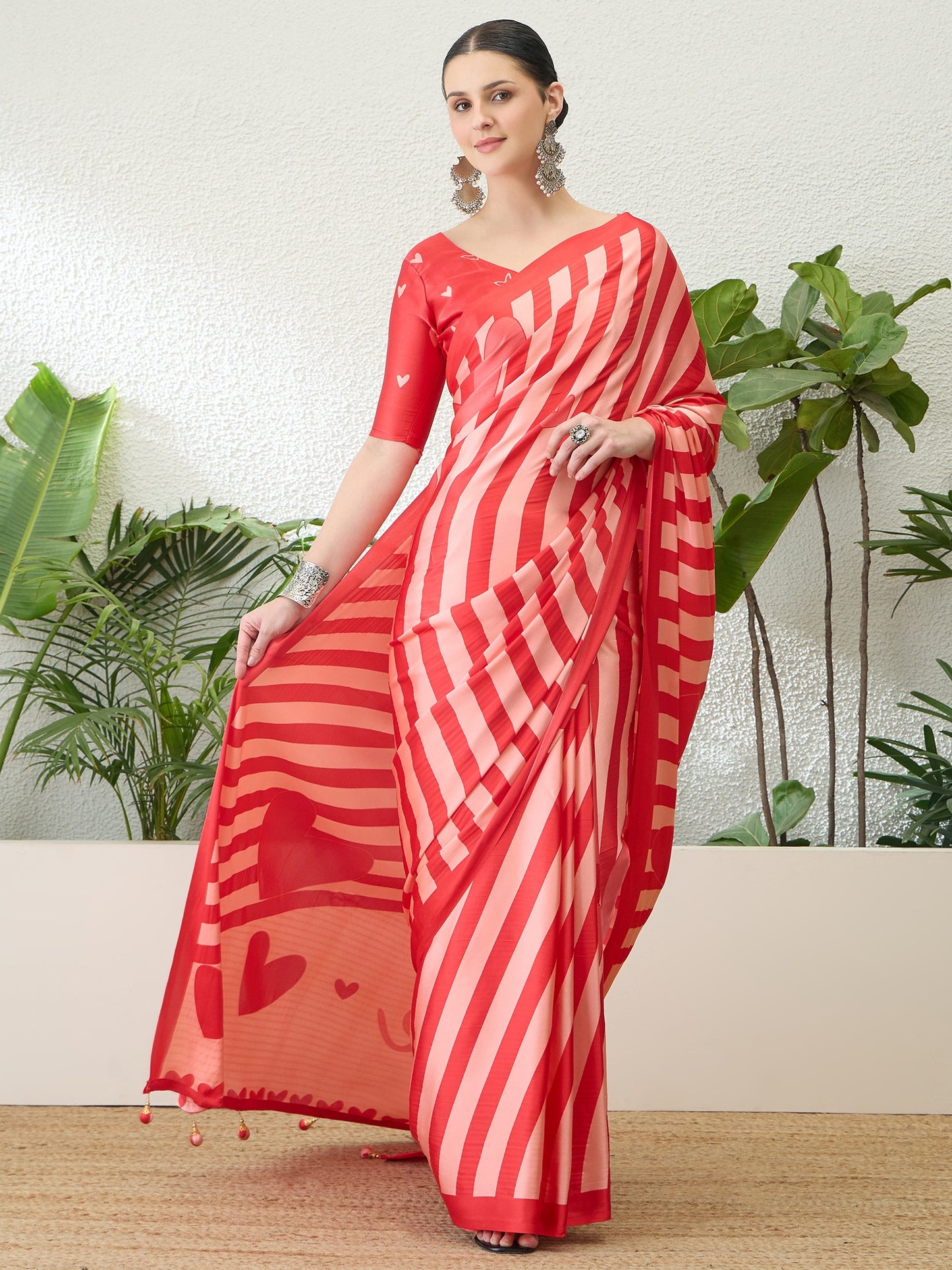 Red Stripe Crepe Silk Ready To Wear/Easy Saree by Stylebypanaash 