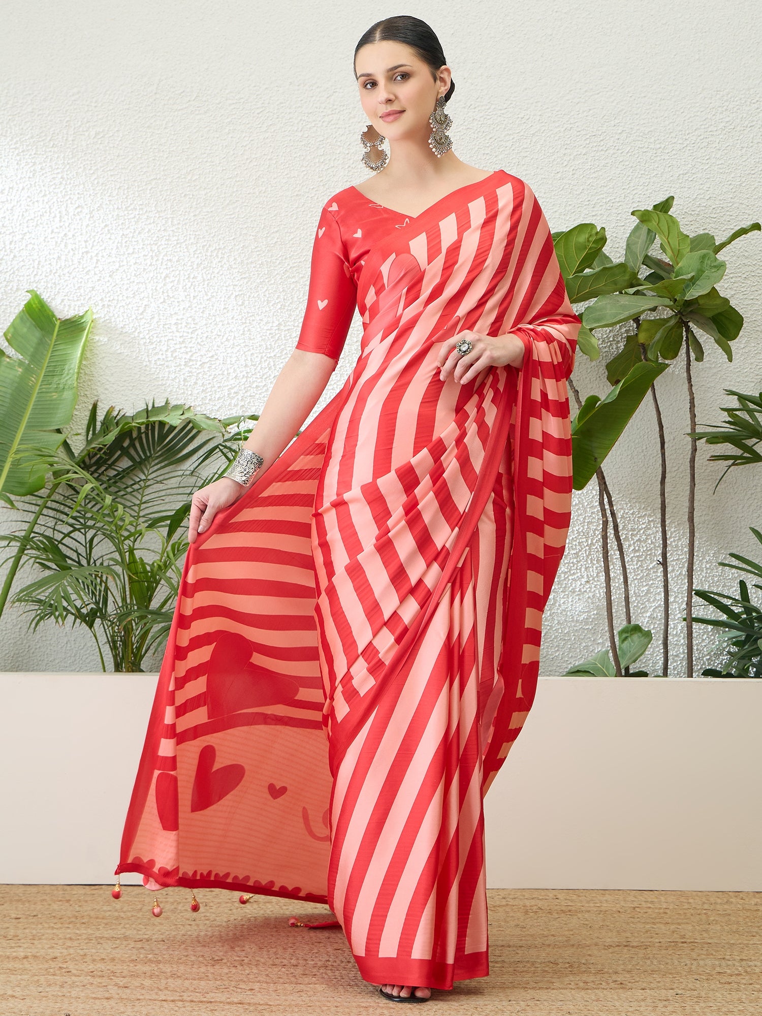Red Stripe Crepe Silk Ready To Wear/Easy Saree by Stylebypanaash 