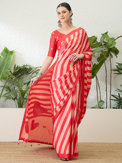 Red Stripe Crepe Silk Ready To Wear/Easy Saree by Stylebypanaash 