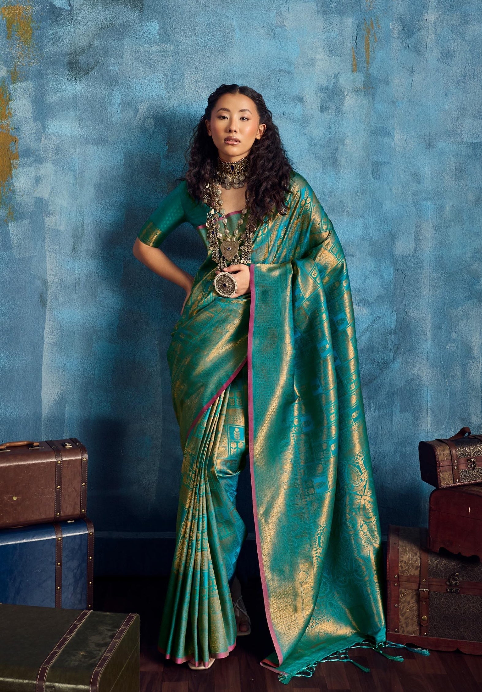 Teal Green Kanjivaram Silk Ready to wear/Easy Saree - Panaash Saree