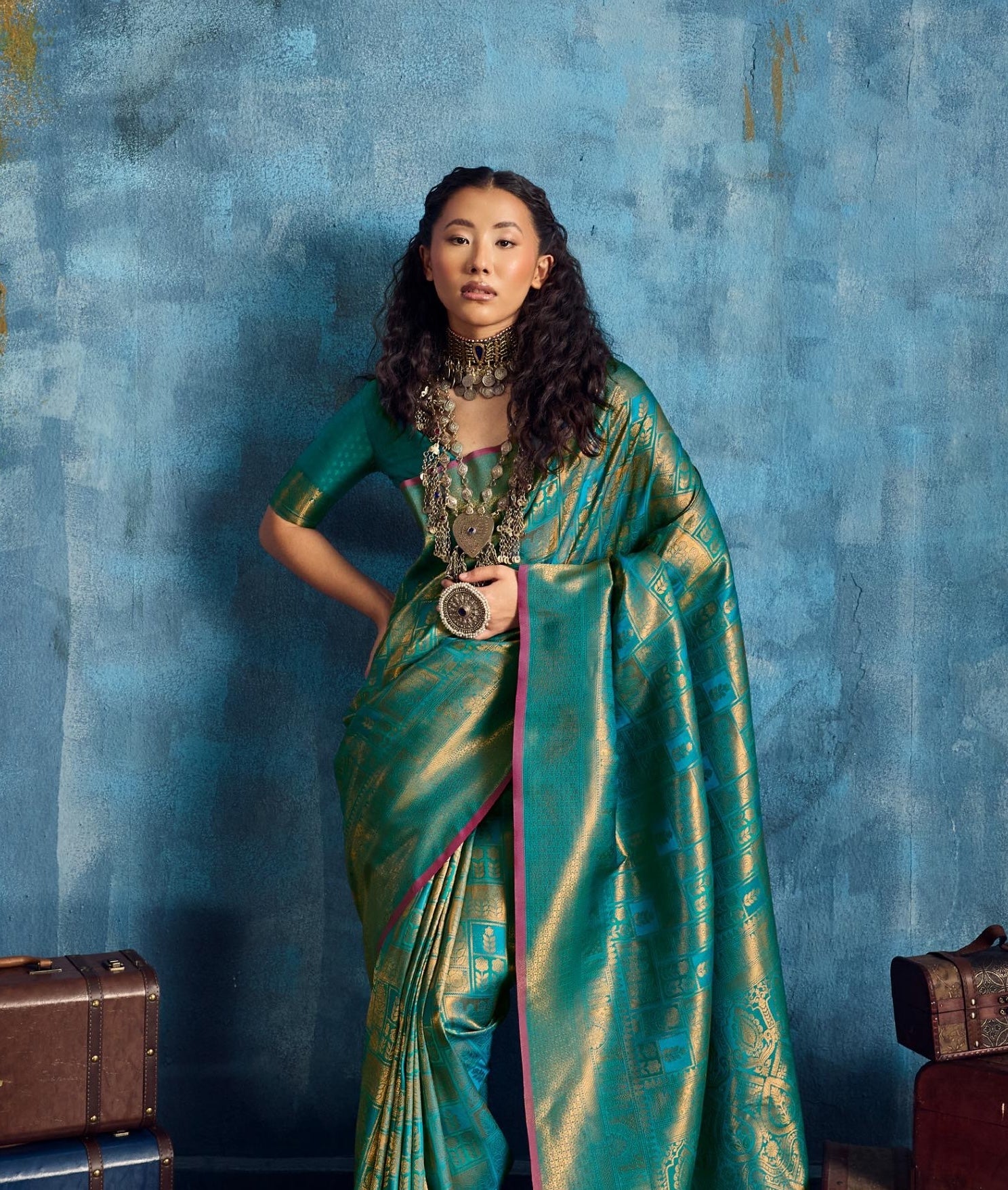 Teal Green Kanjivaram Silk Ready to wear/Easy Saree - Panaash Saree