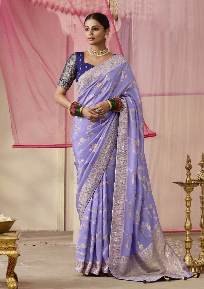 Powder Blue Color Designer Kanjivaram Silk Readymade/Easy Saree