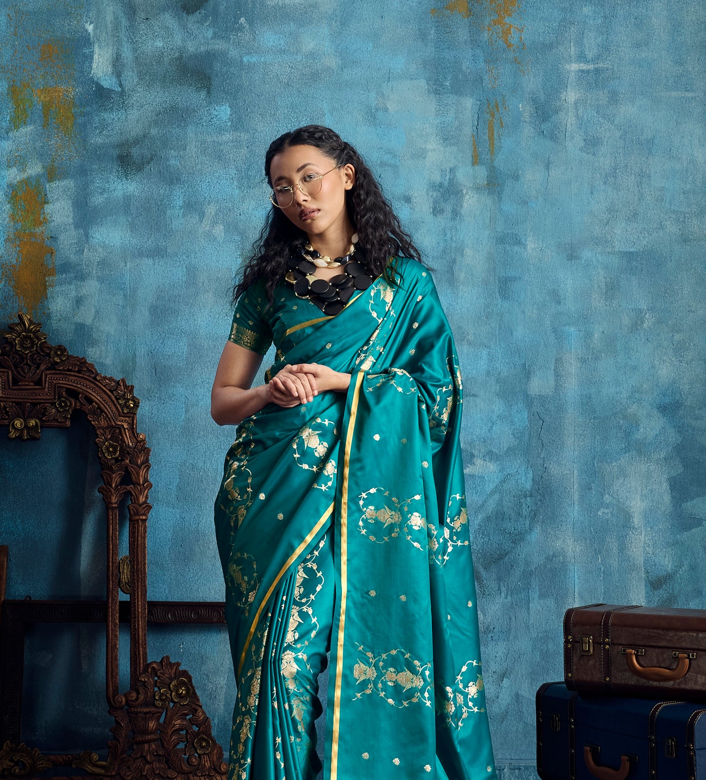 Teal Blue Satin Silk Ready To Wear/Easy Saree
