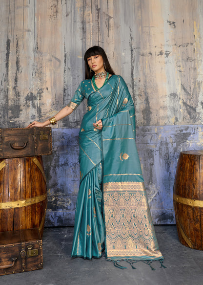 Teal Blue Satin Silk Ready To Wear/Easy Saree