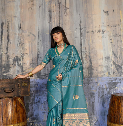 Teal Blue Satin Silk Ready To Wear/Easy Saree