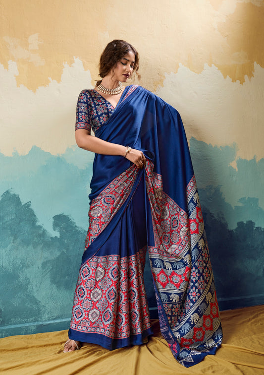 Navy Blue Crepe Silk Ready To Wear/Easy Saree - Panaash Saree