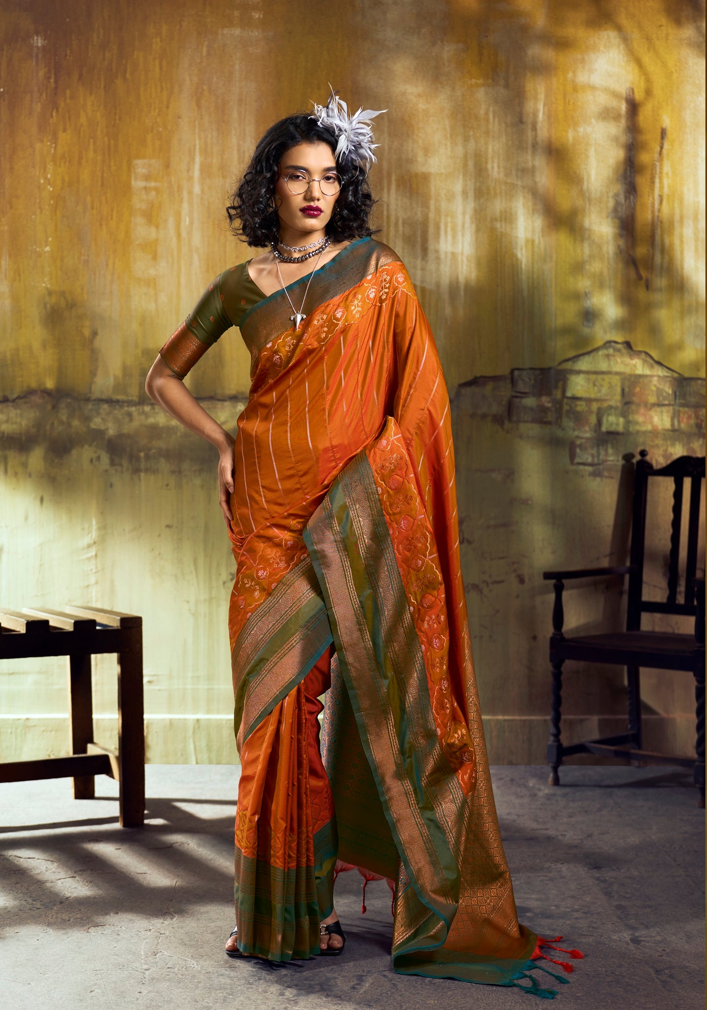 Orange Kanjivaram Silk Ready To Wear/Easy Saree