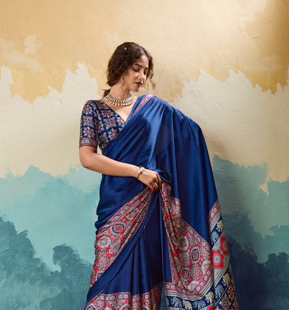 Navy Blue Crepe Silk Ready To Wear/Easy Saree - Panaash Saree