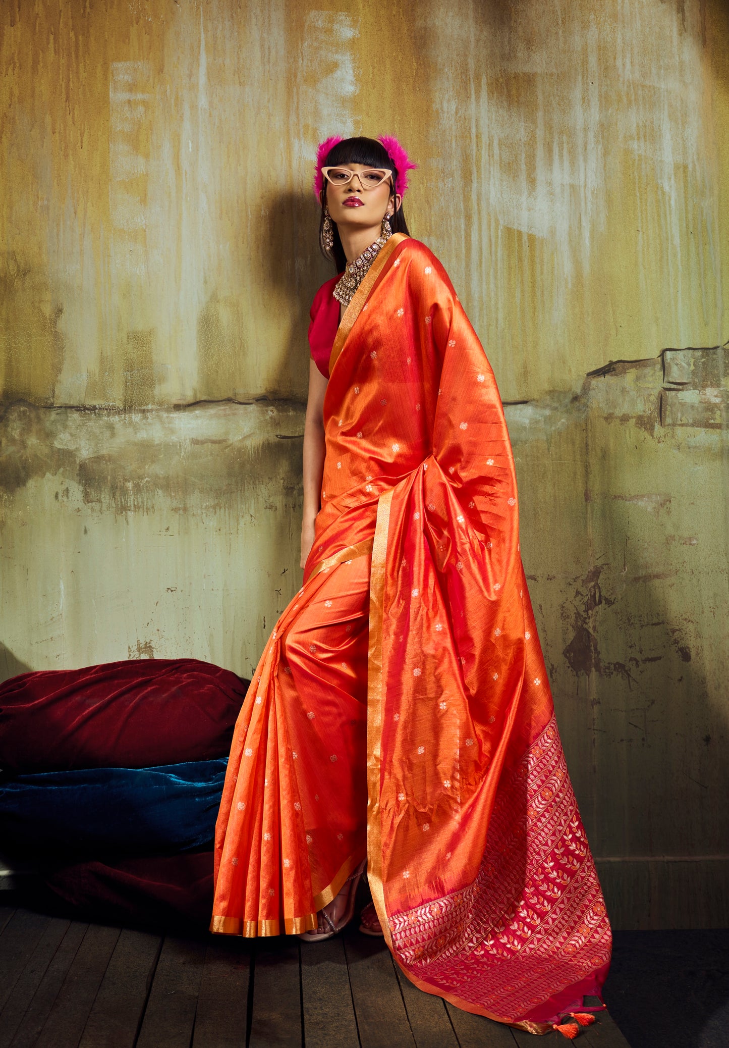 Orange Munga Silk Ready To Wear/Easy Saree