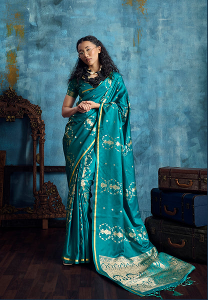 Teal Blue Satin Silk Ready To Wear/Easy Saree