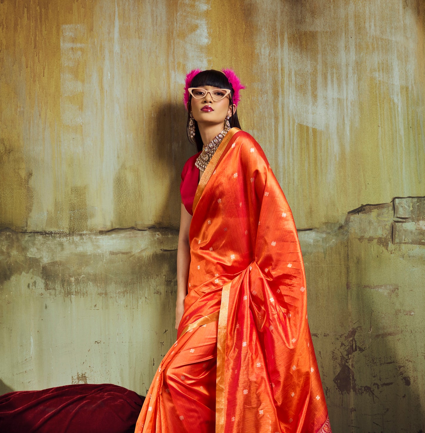 Orange Munga Silk Ready To Wear/Easy Saree