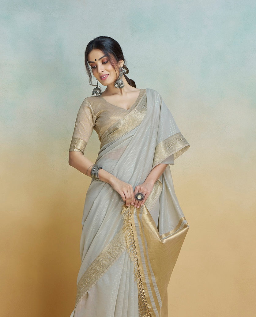 Silver Grey Khadi Silk Ready To Wear/Easy Saree by Stylebypanaash