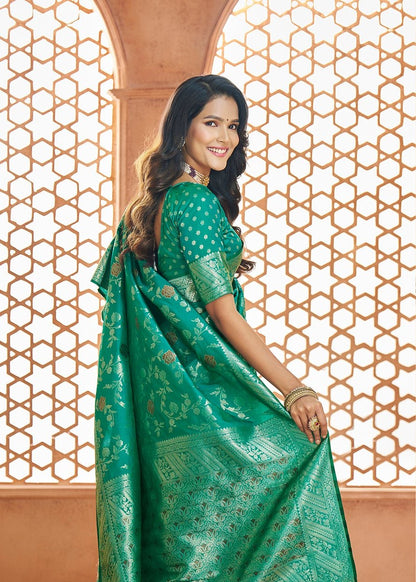 Green Color Banarasi Silk Readymade/Easy Fancy Saree