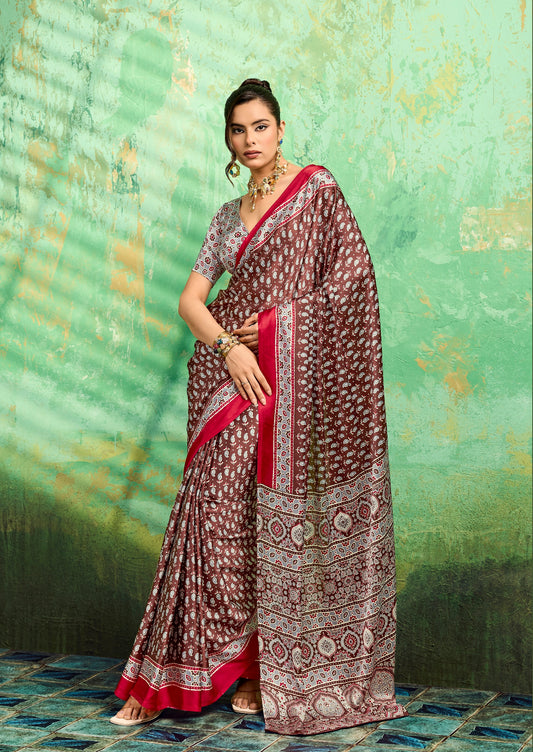 Brown Modal Satin Office Wear Ready To Wear/Easy Saree - Panaash Saree