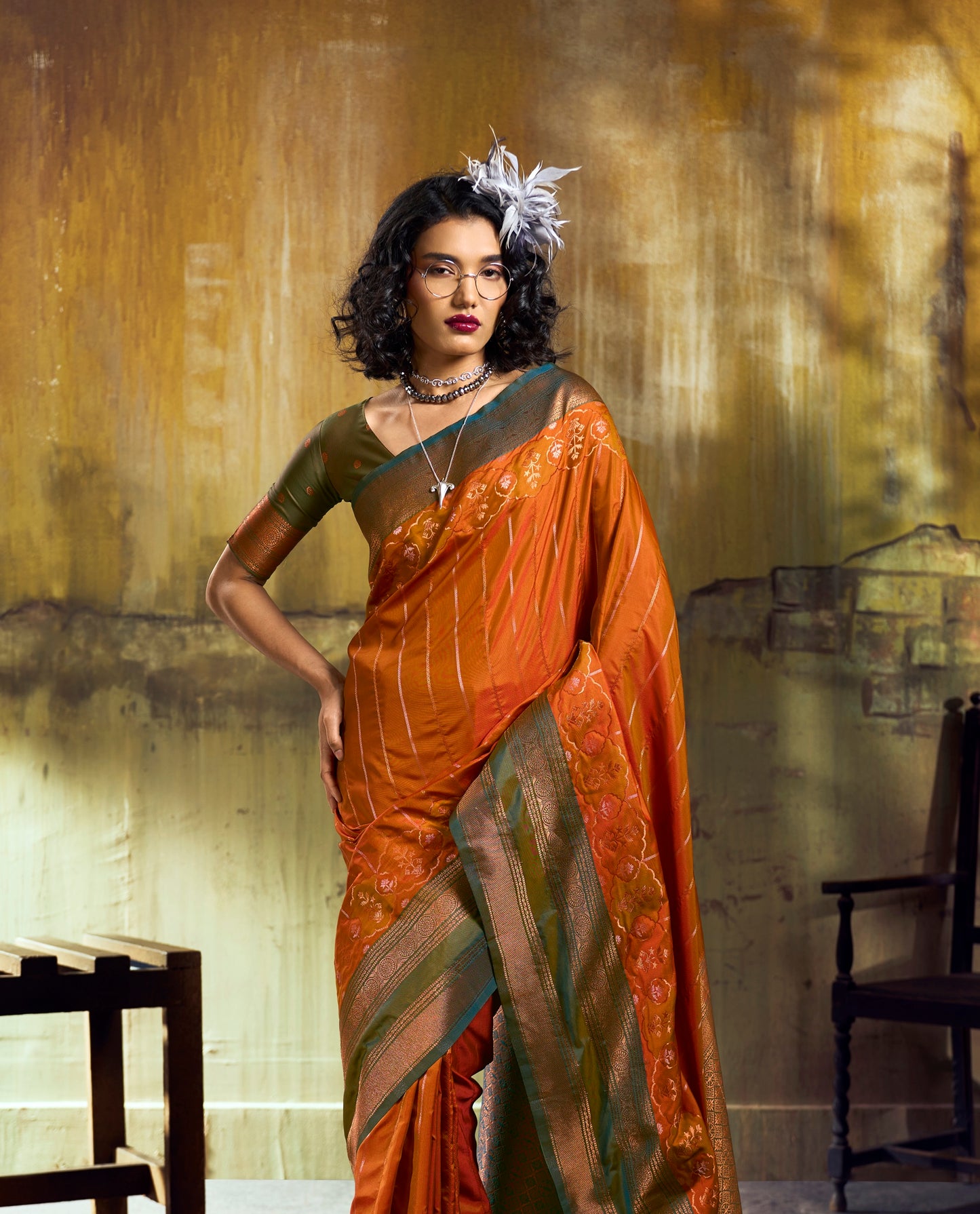 Orange Kanjivaram Silk Ready To Wear/Easy Saree