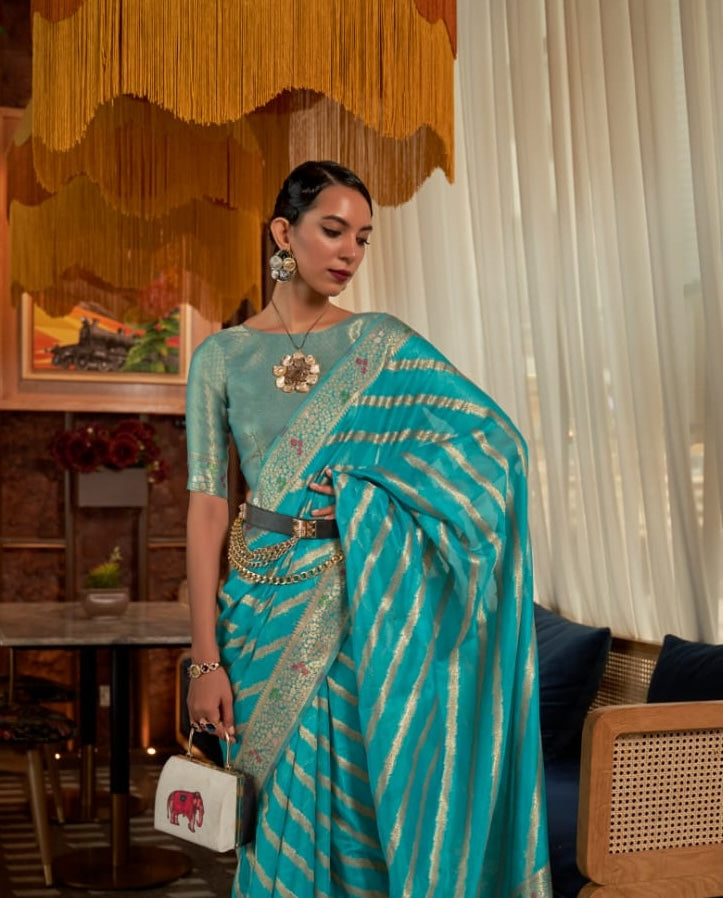 Turquoise Blue Organza Readymade/Easy Saree