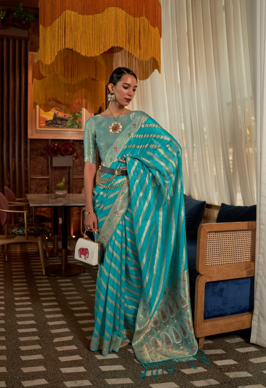 Turquoise Blue Organza Readymade/Easy Saree