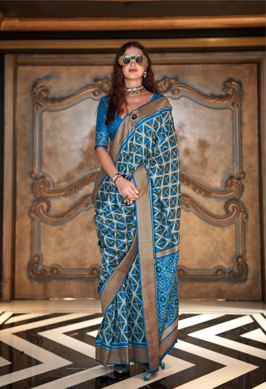 Blue Ikkat Silk Readymade/Easy Saree