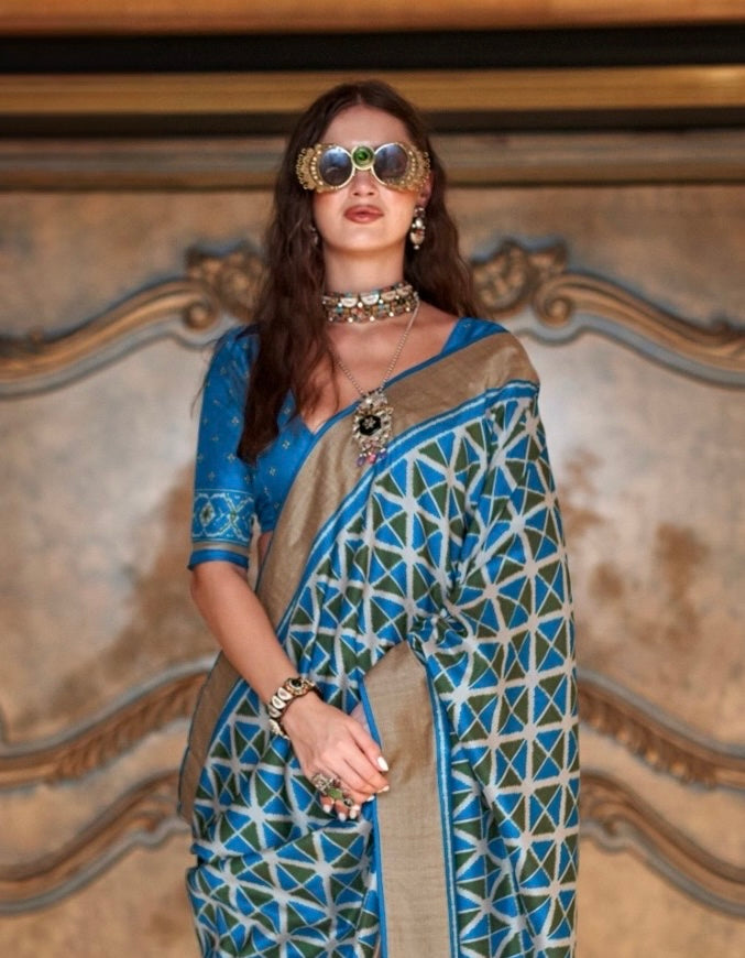 Blue Ikkat Silk Readymade/Easy Saree