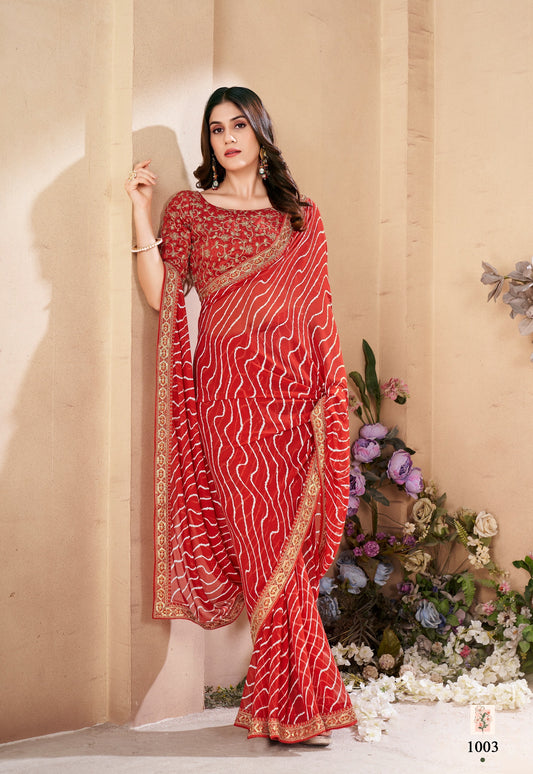 Red Leheriya Color Cocktail Readymade Saree