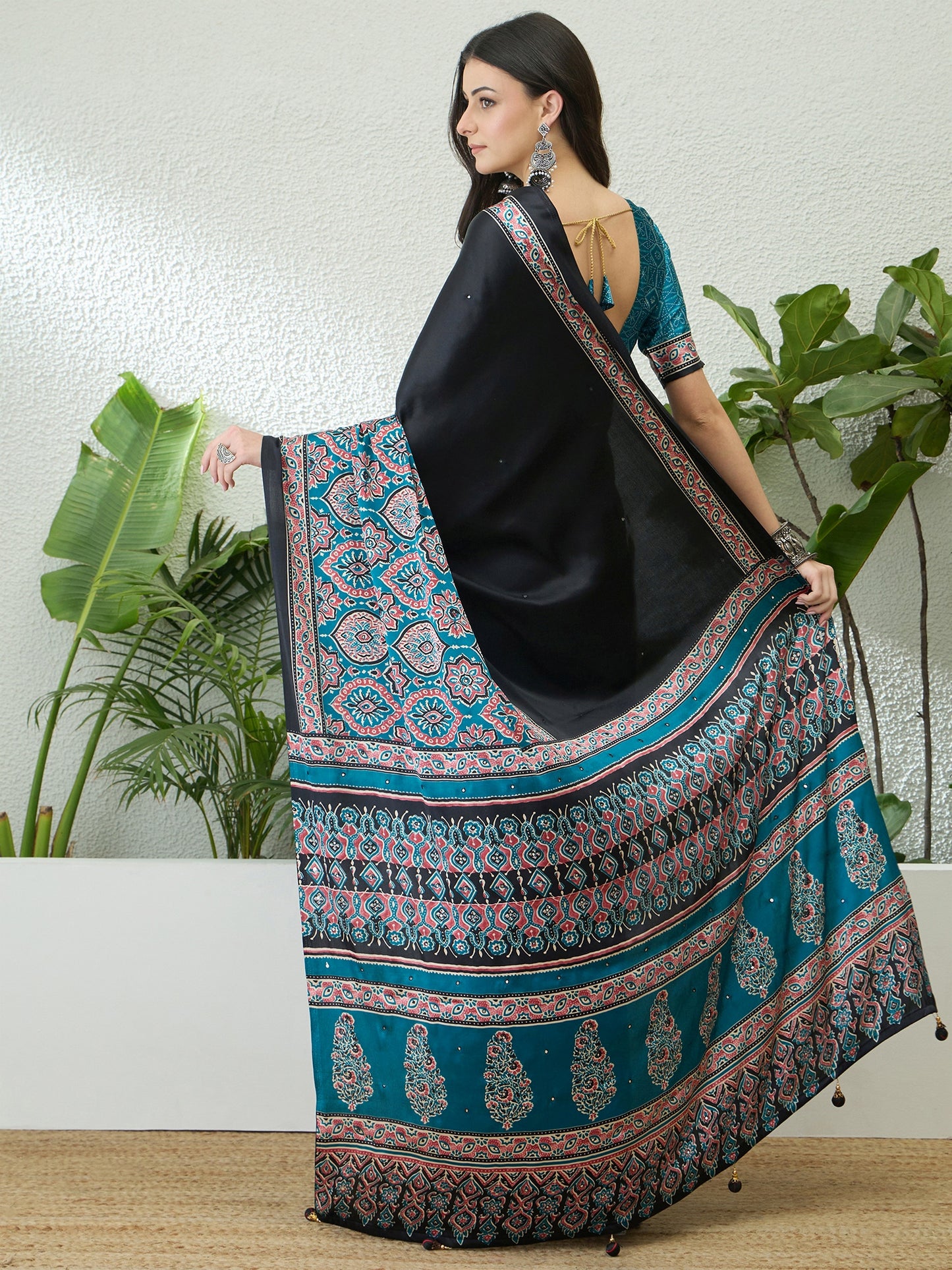 Black & Turquoise Crepe Silk Readymade/Easy Saree - Panaash Saree