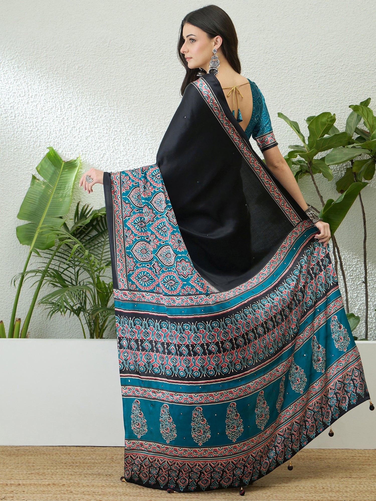 Black & Turquoise Crepe Silk Readymade/Easy Saree - Panaash Saree