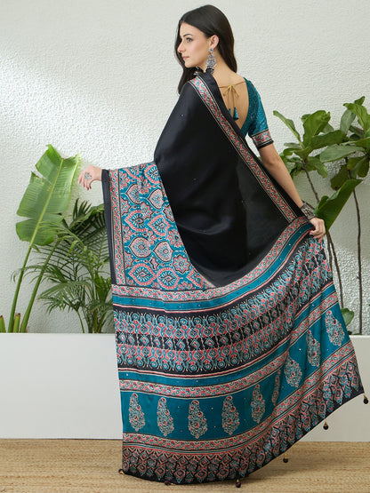 Black & Turquoise Crepe Silk Readymade/Easy Saree - Panaash Saree