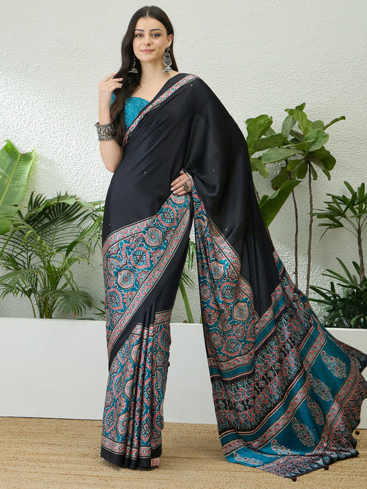Black & Turquoise Crepe Silk Readymade/Easy Saree - Panaash Saree