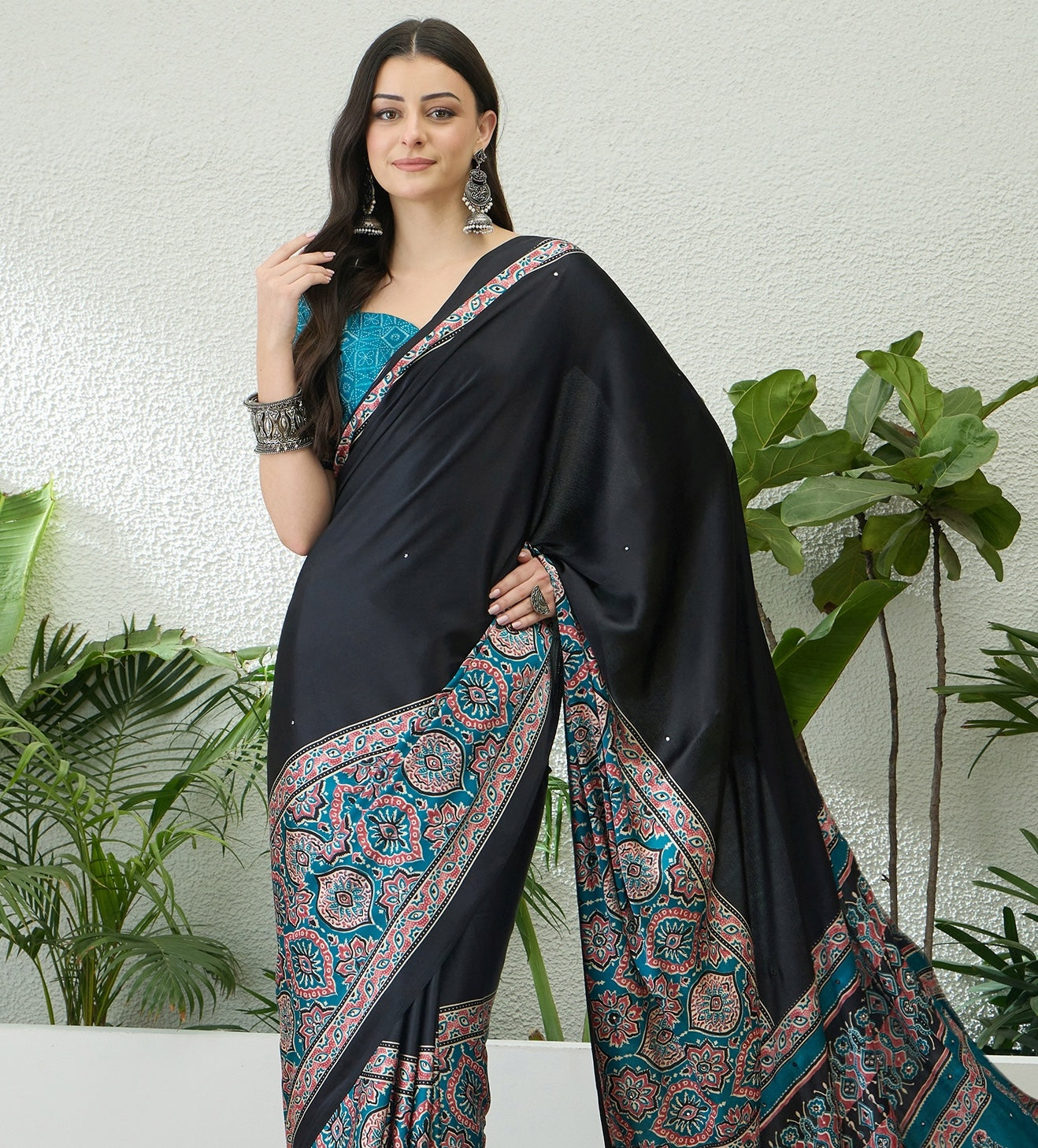 Black & Turquoise Crepe Silk Readymade/Easy Saree - Panaash Saree
