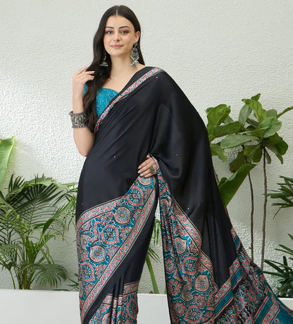 Black & Turquoise Crepe Silk Readymade/Easy Saree - Panaash Saree