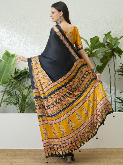 Black & Yelllow Crepe Silk Readymade/Easy Saree - Panaash Saree