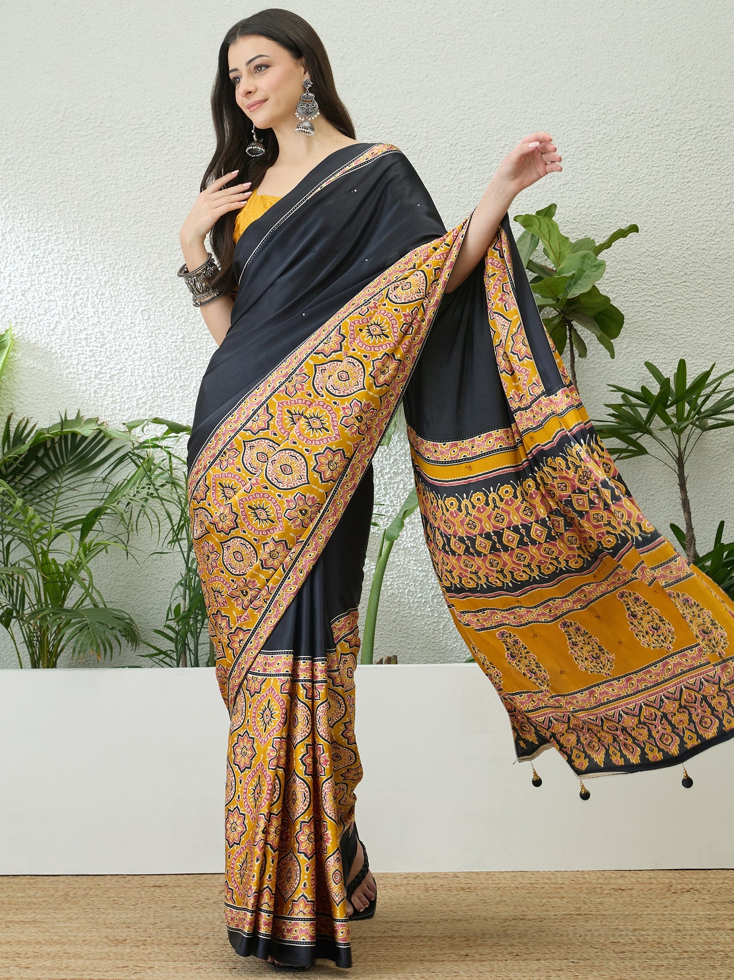 Black & Yelllow Crepe Silk Readymade/Easy Saree - Panaash Saree
