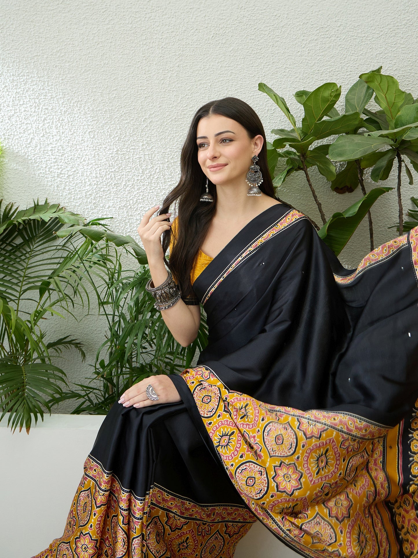 Black & Yelllow Crepe Silk Readymade/Easy Saree - Panaash Saree