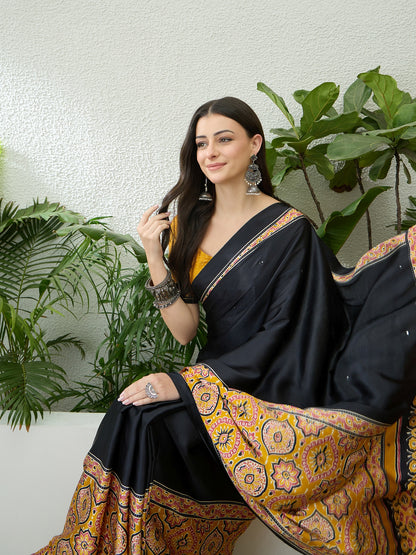 Black & Yelllow Crepe Silk Readymade/Easy Saree - Panaash Saree