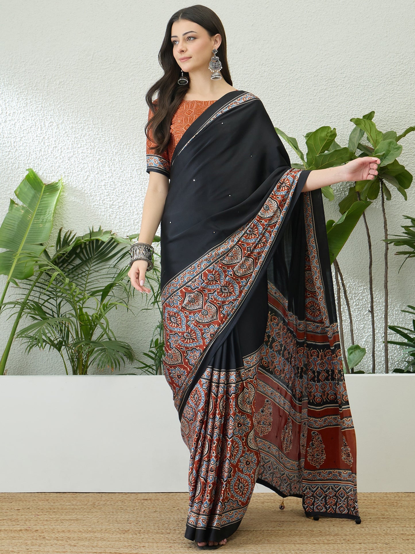 Black & Orange Crepe Silk Readymade/Easy Saree - Panaash Saree