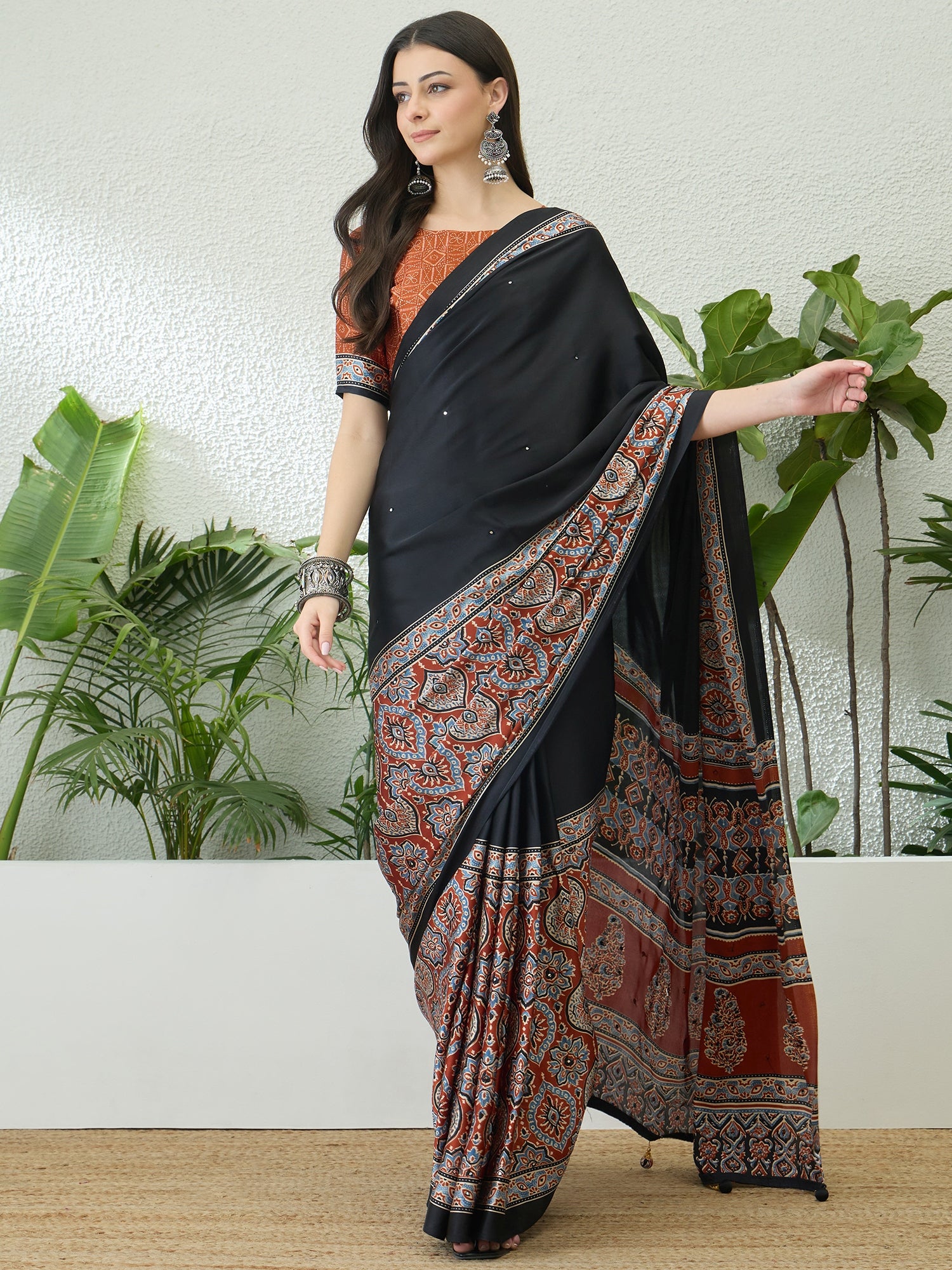 Black & Orange Crepe Silk Readymade/Easy Saree - Panaash Saree