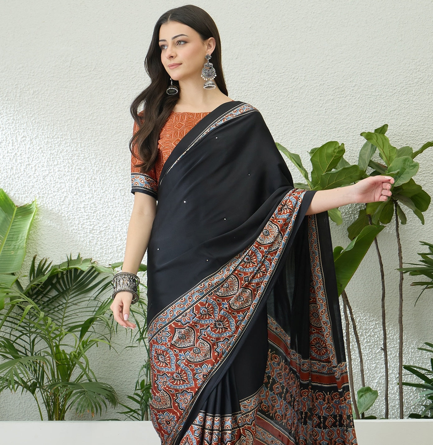 Black & Orange Crepe Silk Readymade/Easy Saree - Panaash Saree