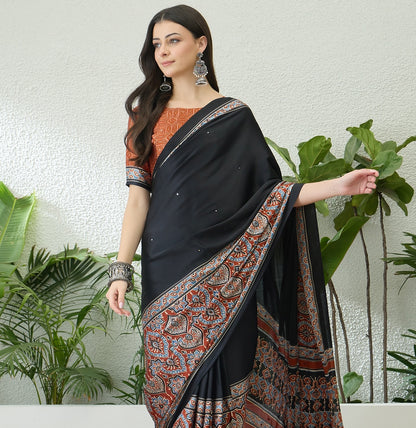 Black & Orange Crepe Silk Readymade/Easy Saree - Panaash Saree