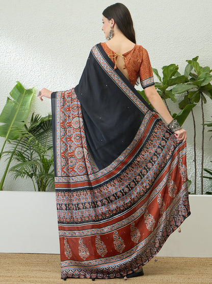 Black & Orange Crepe Silk Readymade/Easy Saree - Panaash Saree