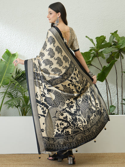 Beige & Black Crepe Silk Normal Drape Saree - Panaash Saree