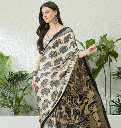 Beige & Black Crepe Silk Normal Drape Saree - Panaash Saree