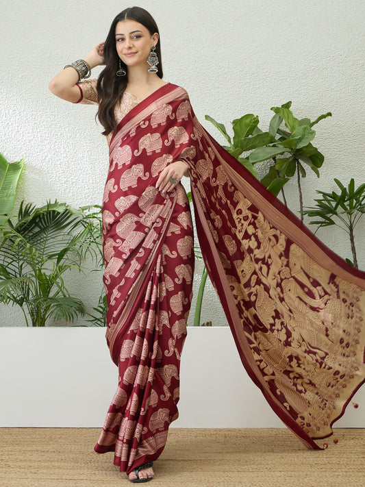 Beige & Maroon Crepe Silk Readymade/Easy Saree - Panaash Saree