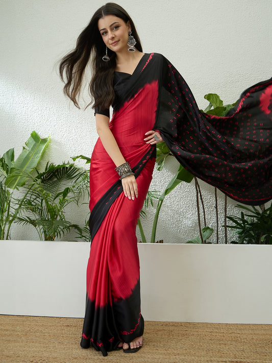 Red & Black Ombre Crepe Silk Readymade/Easy Saree - Panaash Saree