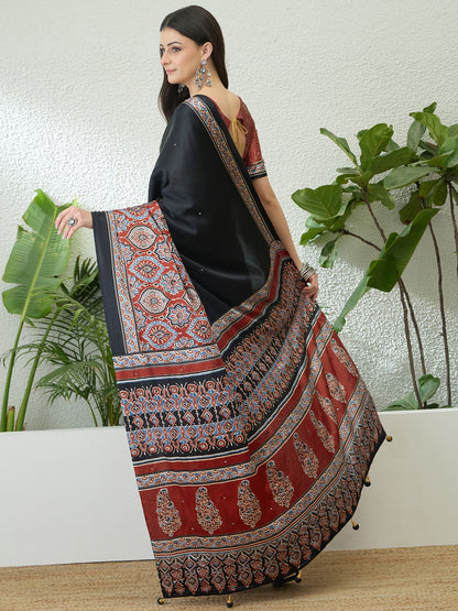 Black & Red Crepe Silk Readymade/Easy Saree - Panaash Saree