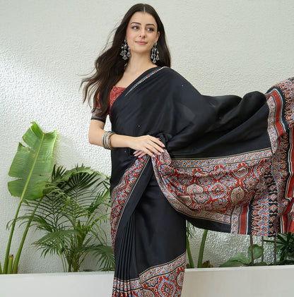 Black & Red Crepe Silk Readymade/Easy Saree - Panaash Saree