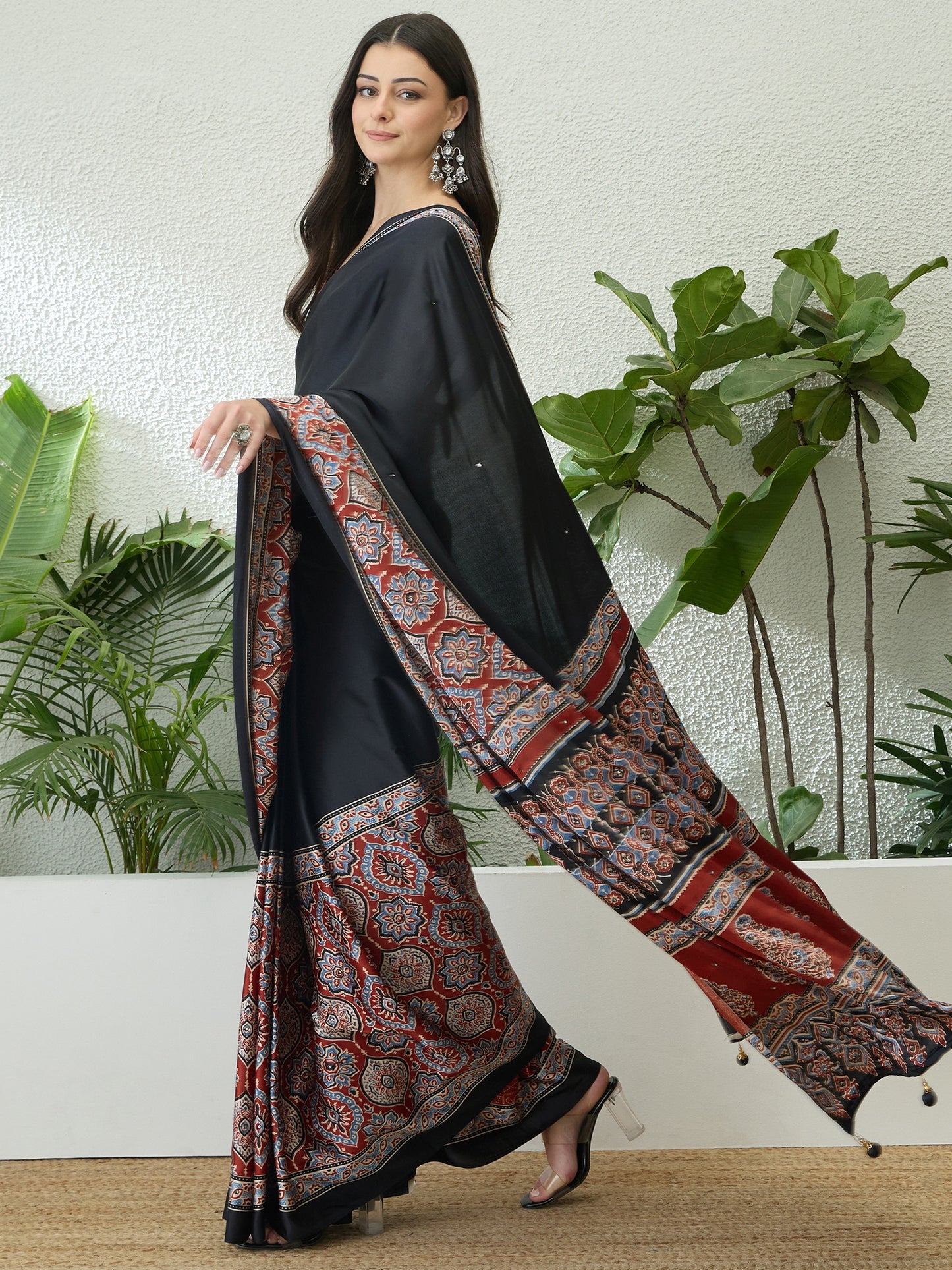 Black & Red Crepe Silk Readymade/Easy Saree - Panaash Saree