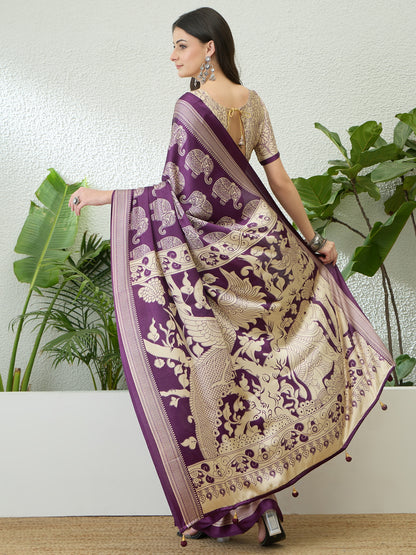 Purple & Beige Crepe Silk Readymade/Easy Saree - Panaash Saree