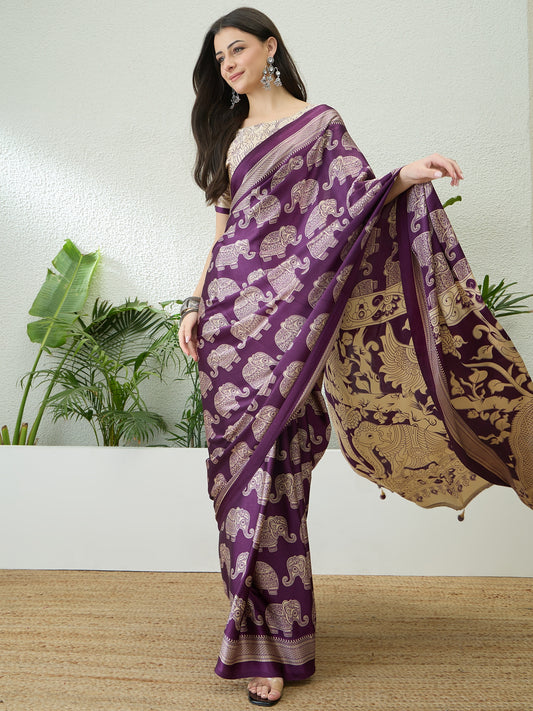 Purple & Beige Crepe Silk Readymade/Easy Saree - Panaash Saree