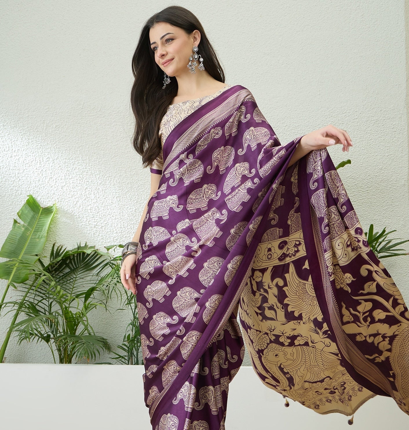 Purple & Beige Crepe Silk Normal Drape Saree - Panaash Saree