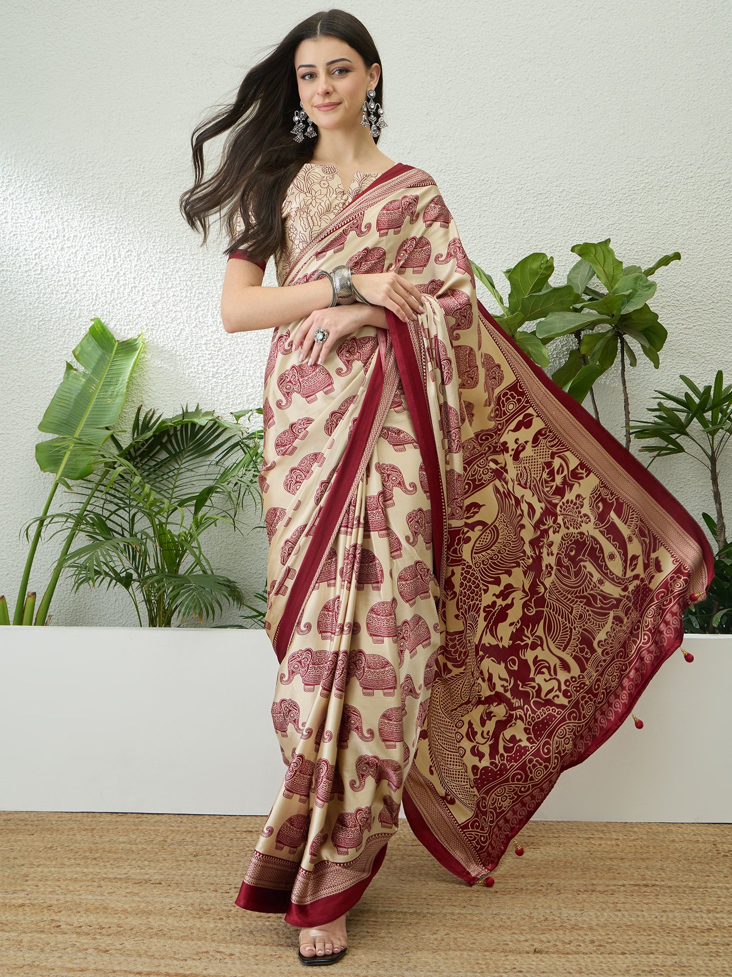 Beige & Maroon Crepe Silk Normal Drape Saree - Panaash Saree